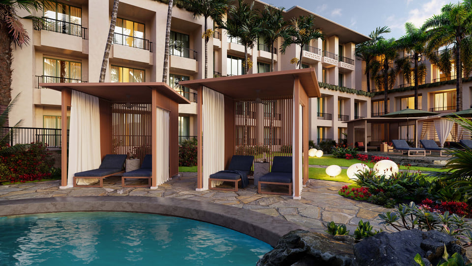Resort 3D architectural visualization of a Hyatt Hawaii poolside cabana with pavilion seating, palm-fringed walkways, and coastal views.