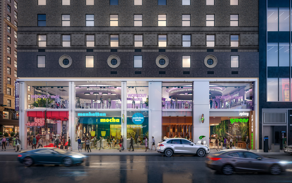 761 Seventh Avenue, New York NY — Newmark. Midtown Manhattan retail streetscape rendering with pedestrian activity and repositioned ground-floor facade by Radical Galaxy Studio