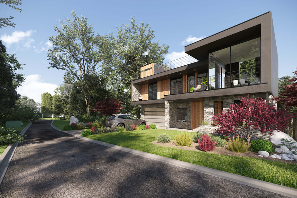 Rendering of a contemporary two-story residence with a cantilevered upper floor, stone base, wood accents, and Japanese maples framing the entry drive