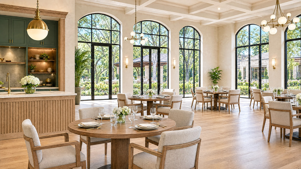 Senior living dining room rendering with garden views and warm residential finishes