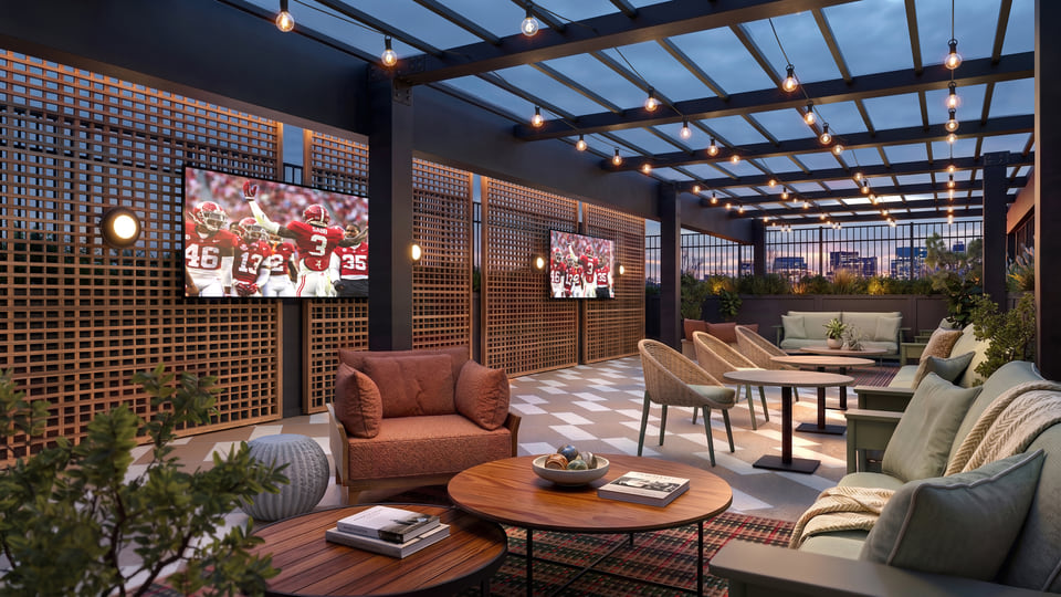 Tuscaloosa AL — resident dog lounge rendering with pet-friendly seating, grooming station, and warm residential finishes