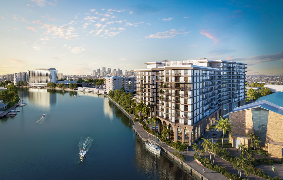 The Sanctuary, Fort Lauderdale FL — Atlantic Pacific Companies. Aerial view of a waterfront multifamily community along the waterway by Radical Galaxy Studio