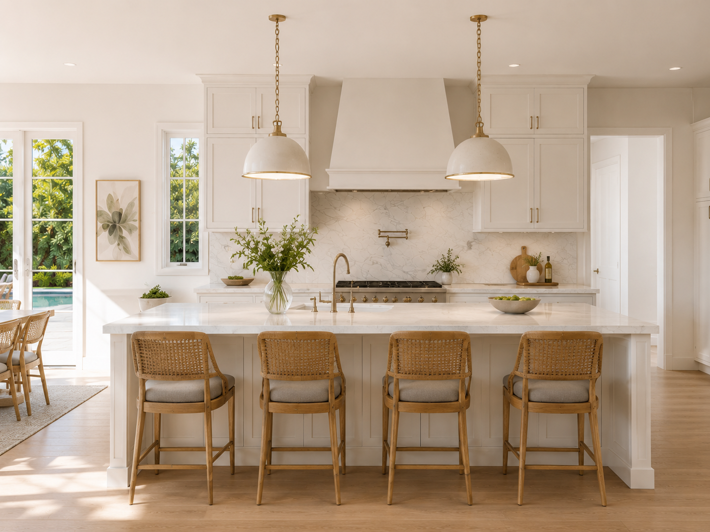 Single-family home interior rendering: white kitchen with island, pendant lighting, and open living beyond by Radical Galaxy Studio.