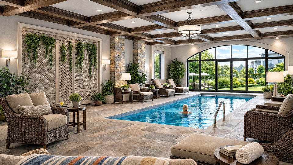 Senior living indoor wellness pool rendering with accessible circulation and garden views