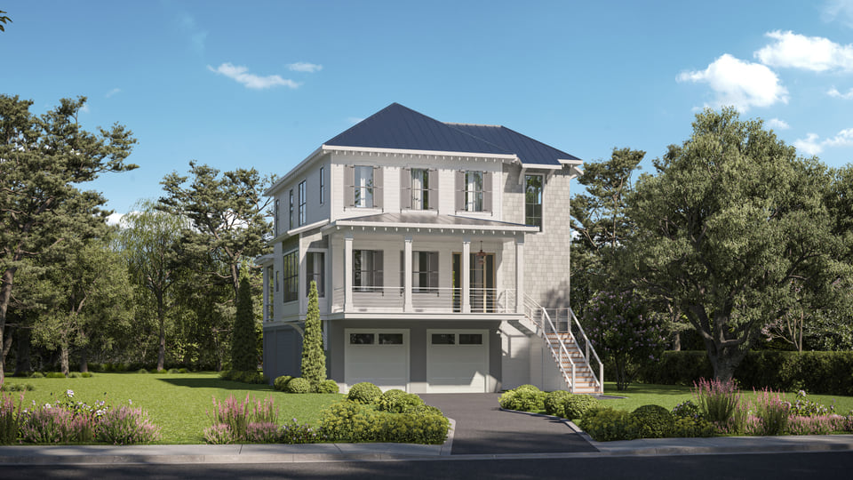 3D residential visualization of a single-family home with neutral color palette, pitched roof, and fall foliage.