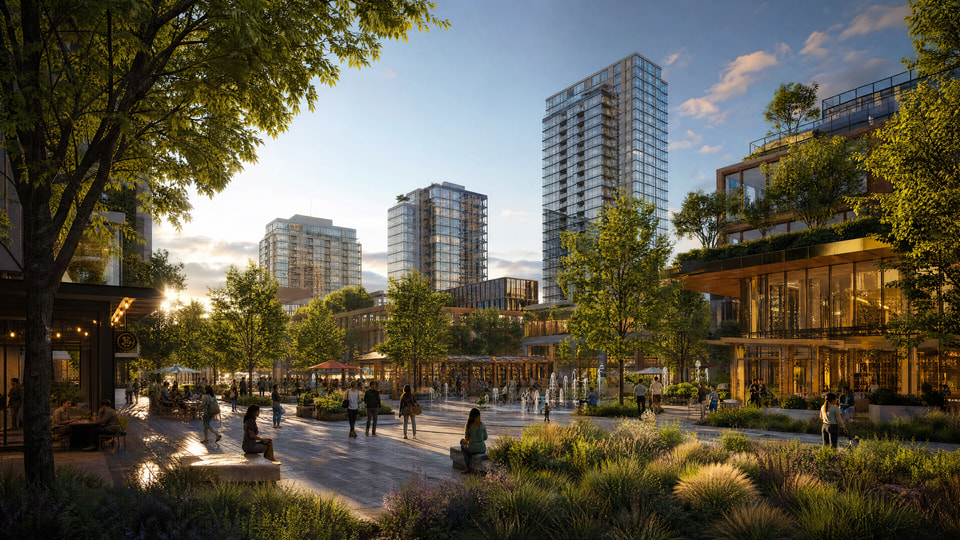 Conceptual architectural rendering of a Houston mixed-use development with layered massing, terraced landscaping, and pedestrian-scaled ground floor.
