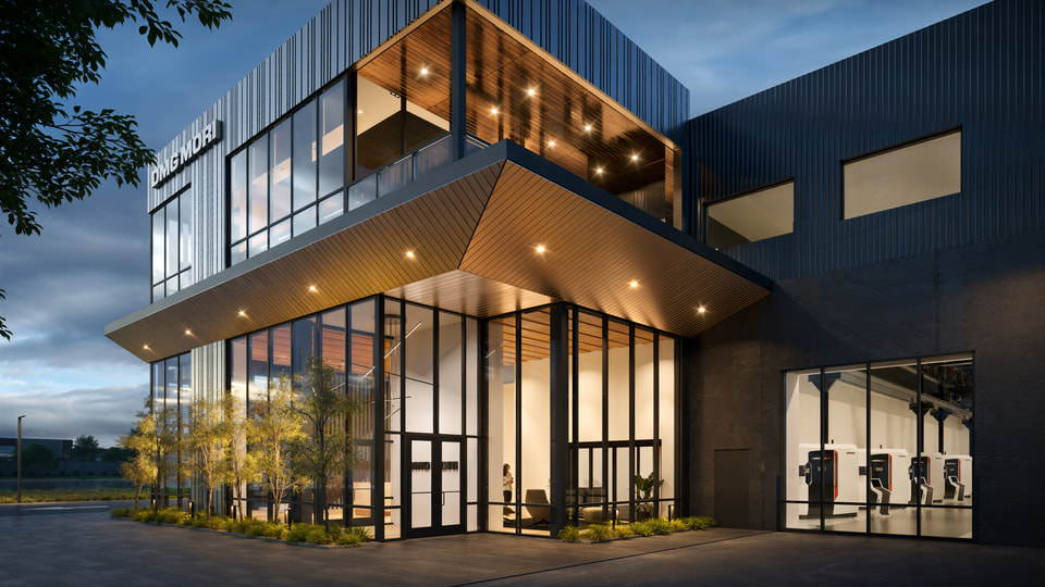 DMG Mori, Chicago IL — facility entry perspective rendering with employee arrival and landscape buffer