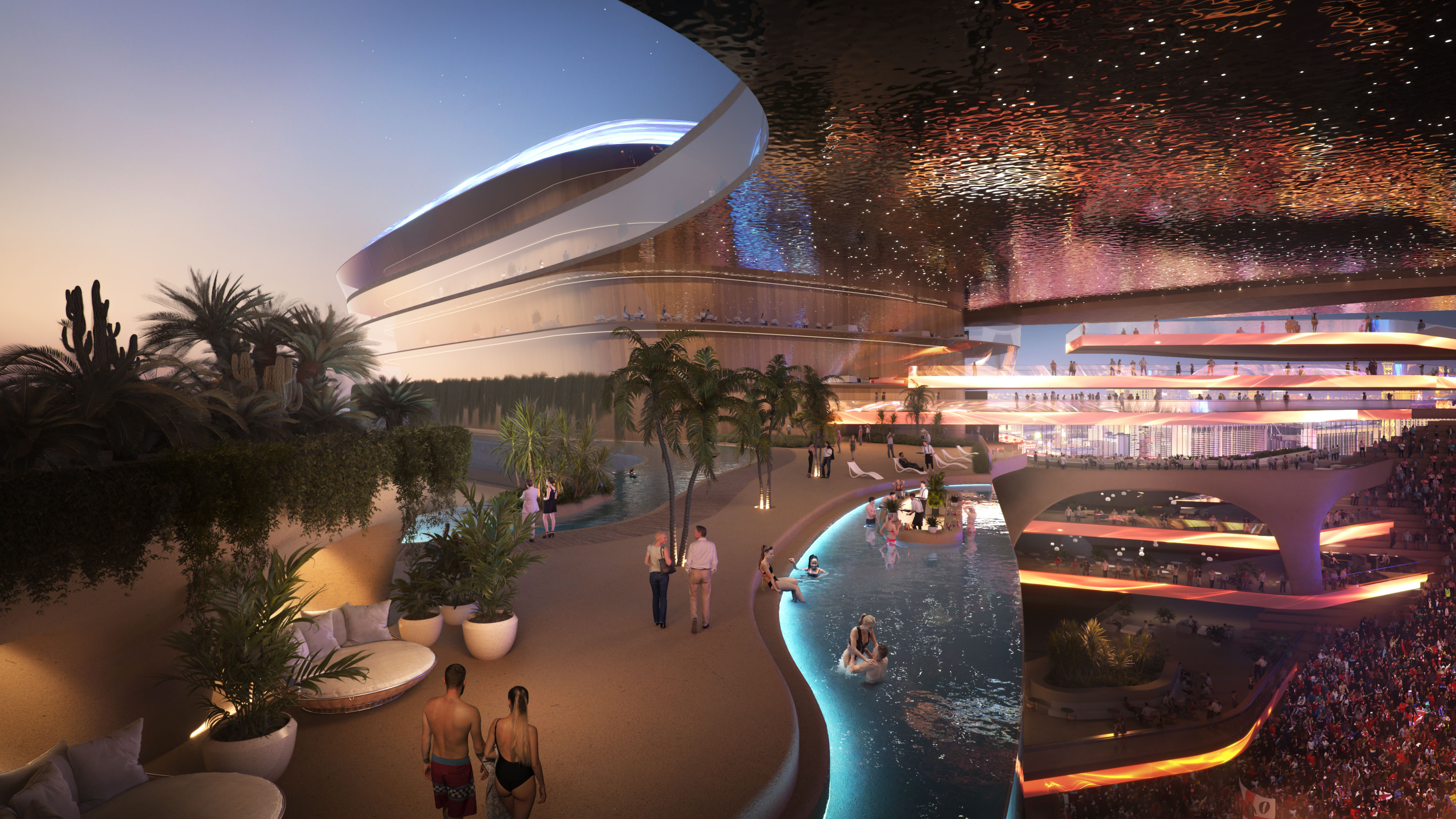 3D architectural visualization of a futuristic mixed-use development with modern lighting, outdoor plaza, and entertainment spaces at dusk.