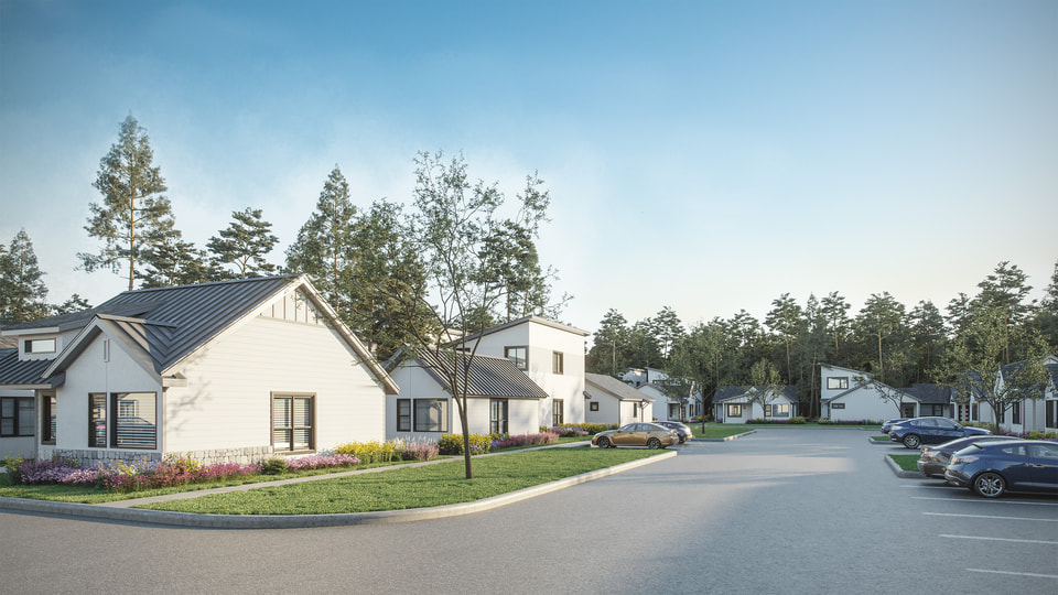 Urban multifamily dusk exterior rendering with lit ground-floor retail and evening street activity.