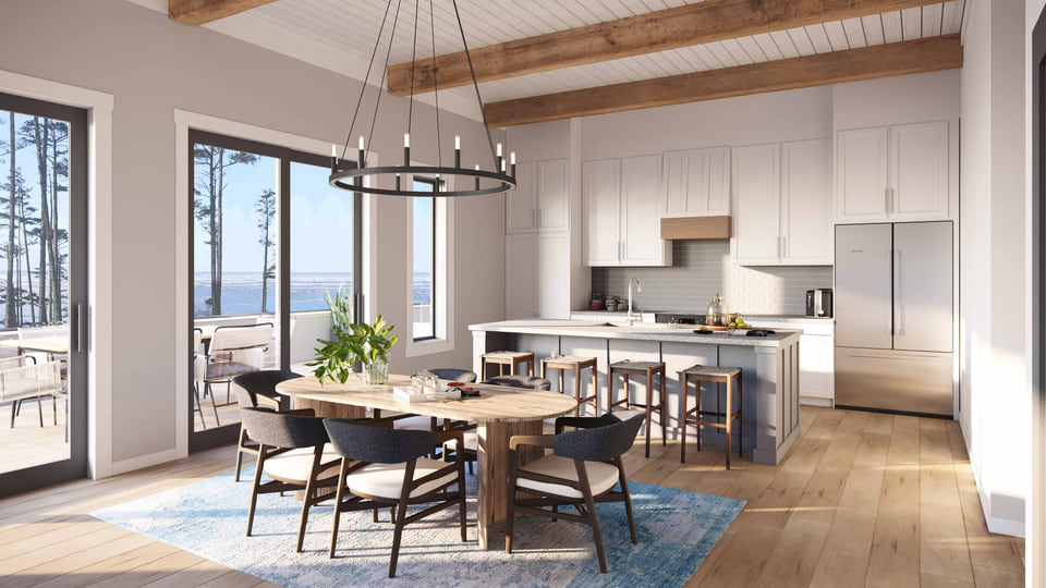 Seattle WA — penthouse kitchen and dining area with vaulted timber ceiling and water views