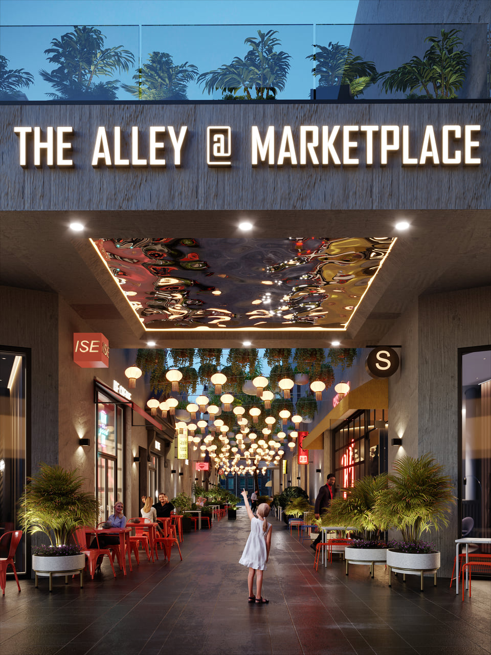 Glendale Marketplace, Los Angeles CA. Rendering of The Alley entry portal with backlit channel signage, mirrored ceiling feature, hanging lanterns, and shopfronts along the paseo by Radical Galaxy Studio