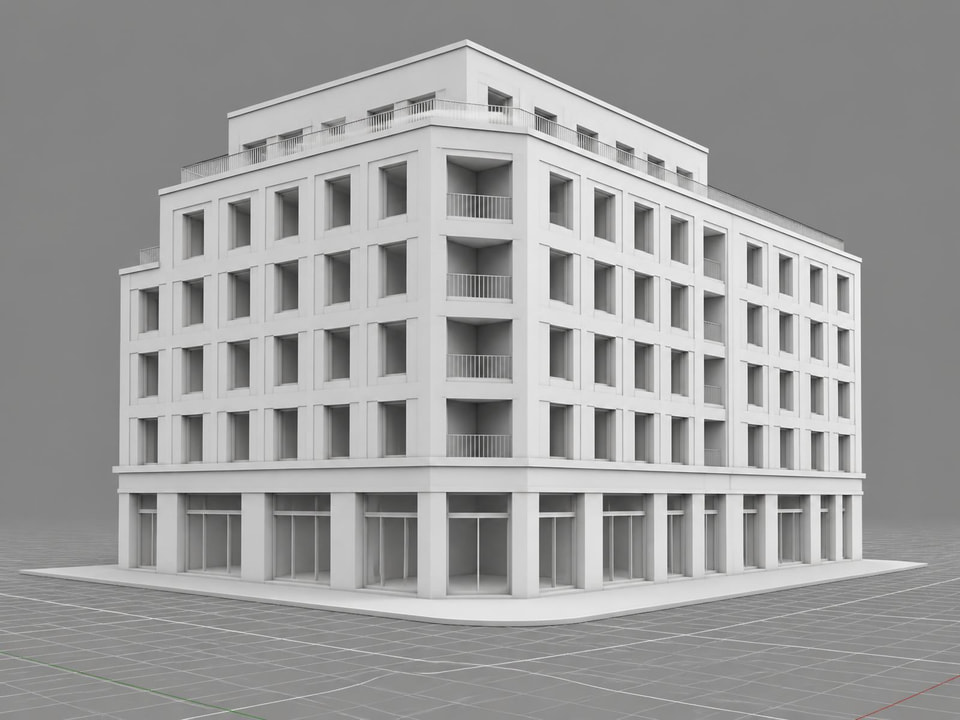 White massing model of a six-storey mixed-use corner building used as the base for an AI-assisted visualization workflow.