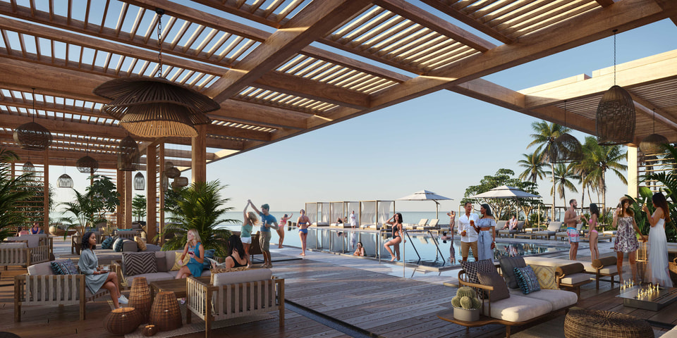 Kona Bay, Hawaii — poolside social club beneath a timber pergola overlooking the oceanfront pool