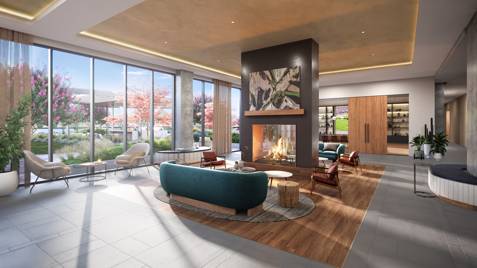 Austin TX — Trammell Crow. Club lounge with fireplace seating, garden views, and warm resident gathering spaces by Radical Galaxy Studio