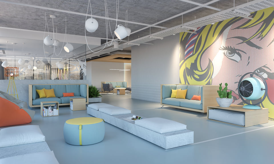 Interior rendering of a pop-art themed office lounge with pendant globe lights, teal sofas, colorful cushions, and a large Lichtenstein-style wall mural