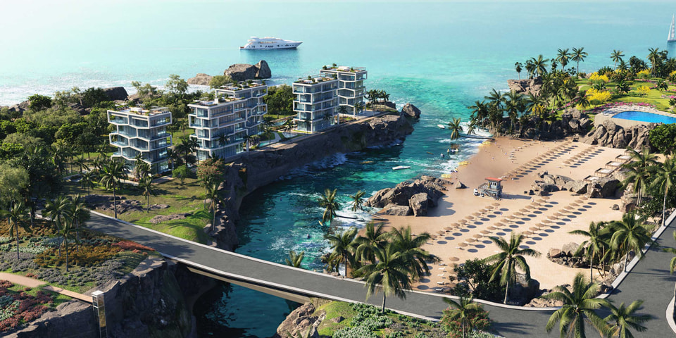 Resort aerial rendering with beachfront villas, turquoise water, and tropical landscape.