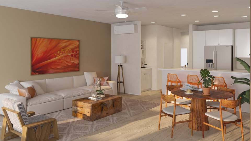 3D architectural visualization of D.R. Horton living room and kitchen in Honolulu, Hawaii created by Radical Galaxy Studio showcasing open-concept coastal design