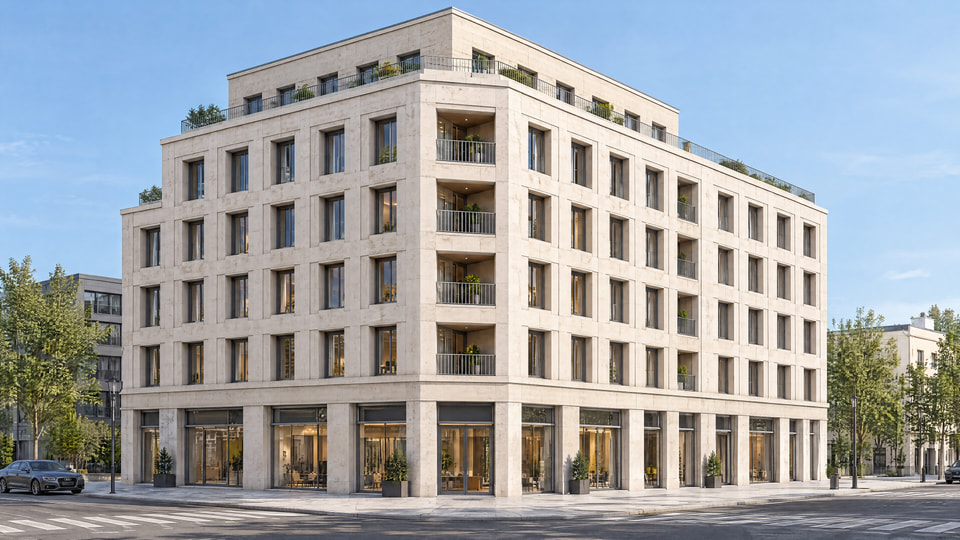 Photoreal dusk rendering of the completed mixed-use corner building after the AI concept workflow.