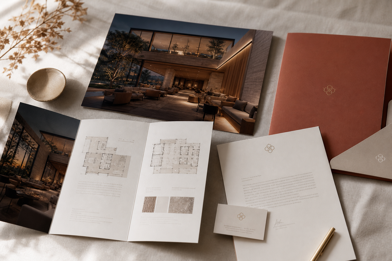 Sample hospitality brand package showing a hotel lobby rendering alongside sales brochure, floor plans, letterhead, and business card