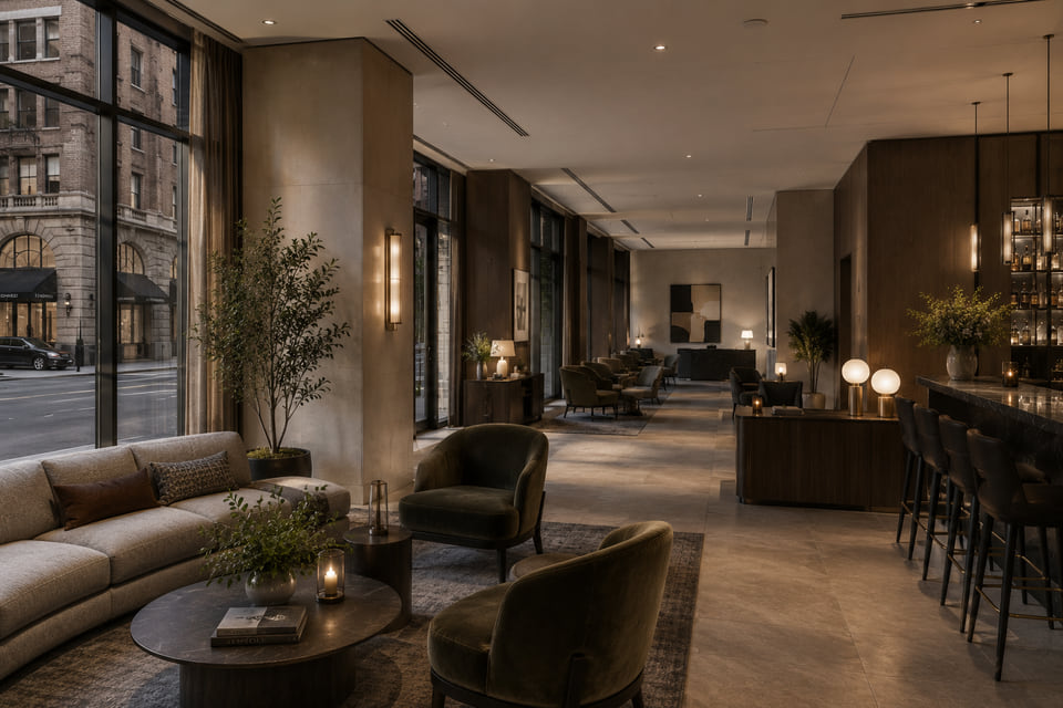 New York NY — lobby bar and lounge rendering with backlit shelving and intimate banquette seating