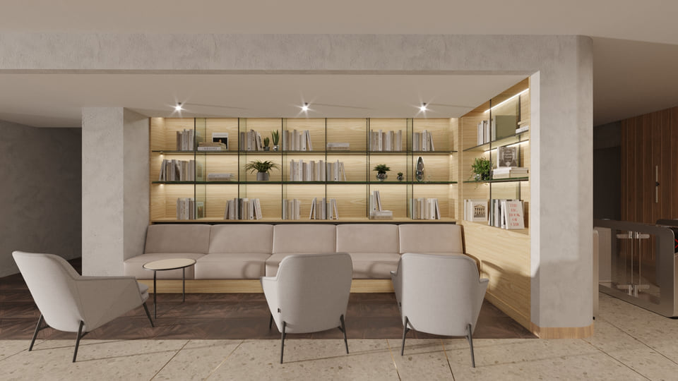 1899 Pennsylvania Avenue, Washington DC — office lounge with built-in library shelving and seating