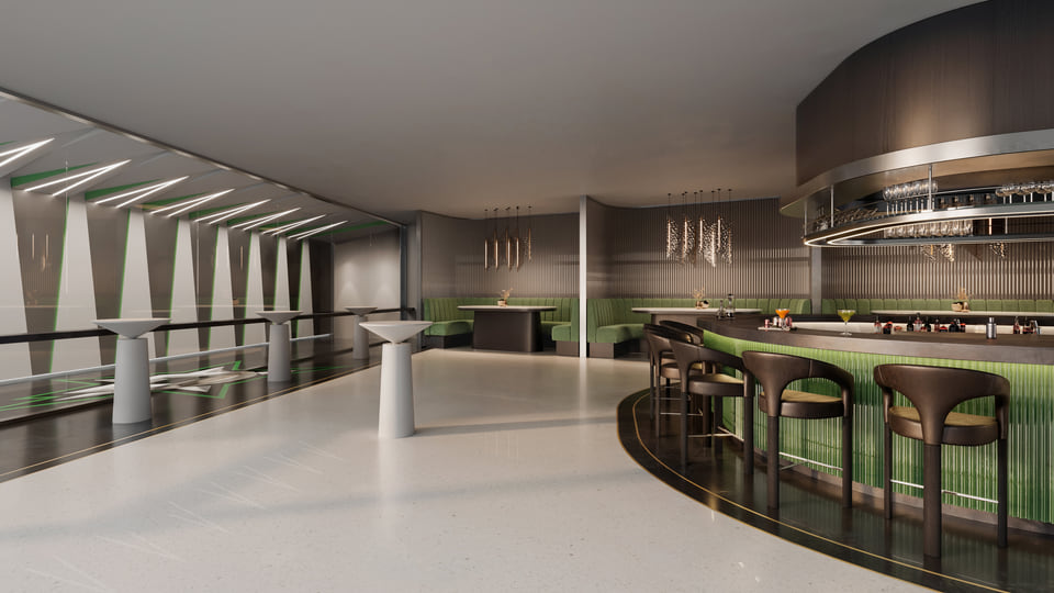 Dallas sports event space with stadium seating, lounge areas, and bar service