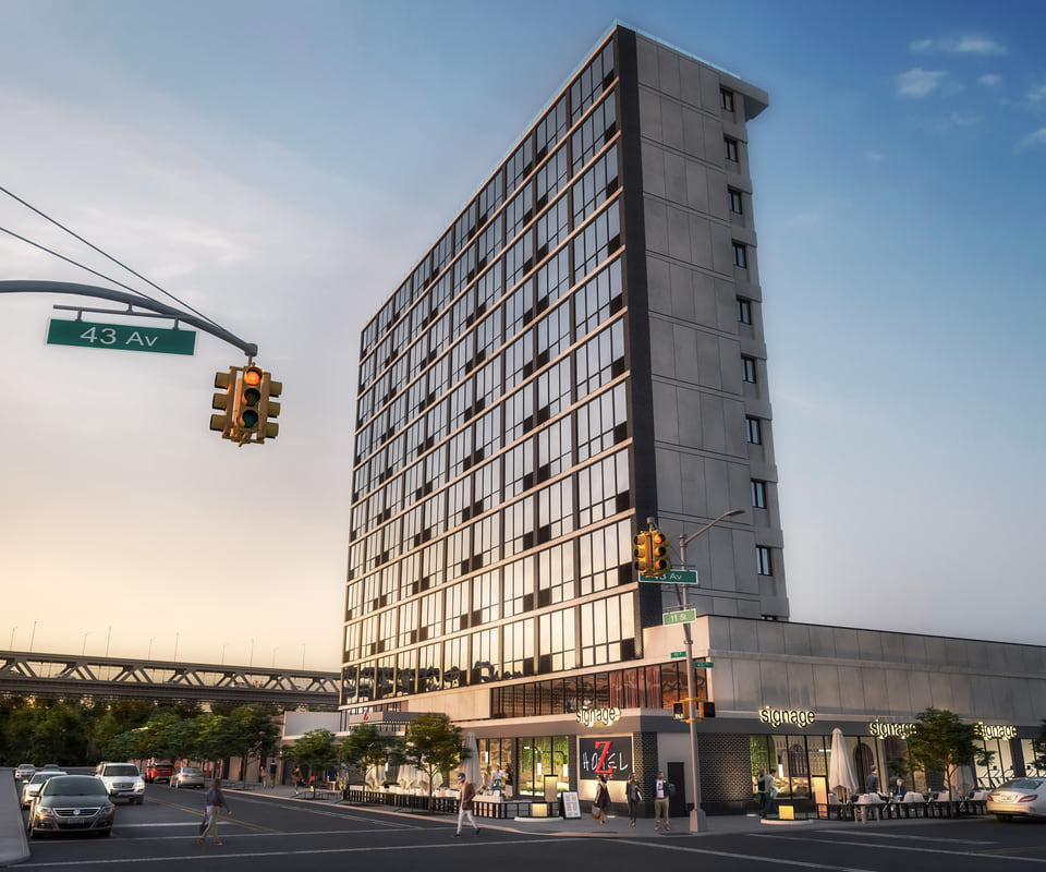 Z Hotel, Long Island City — boutique hospitality tower with illuminated marquee and ground-floor retail.