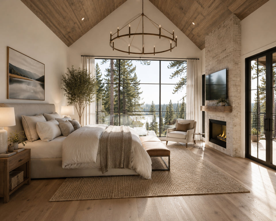 Mountain-lake primary bedroom rendering with vaulted wood ceiling, chandelier, fireplace, and forest view windows