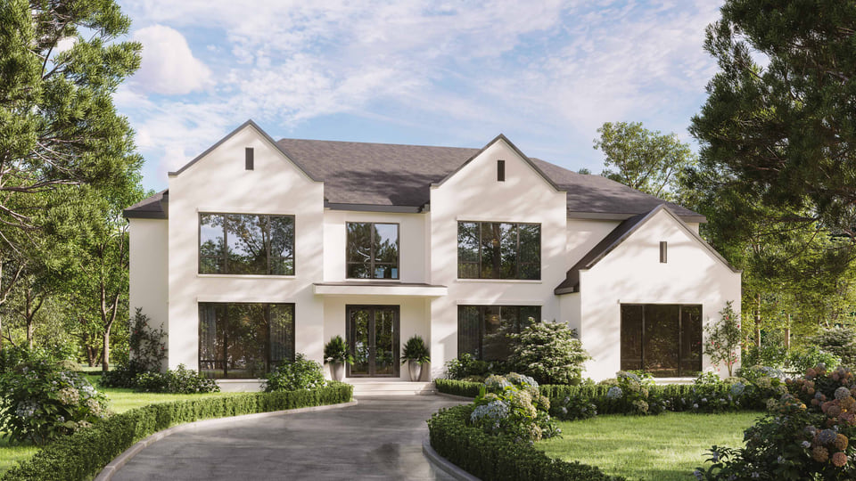 Architectural visualization of a two-story luxury residence with gabled roof and landscaped front drive