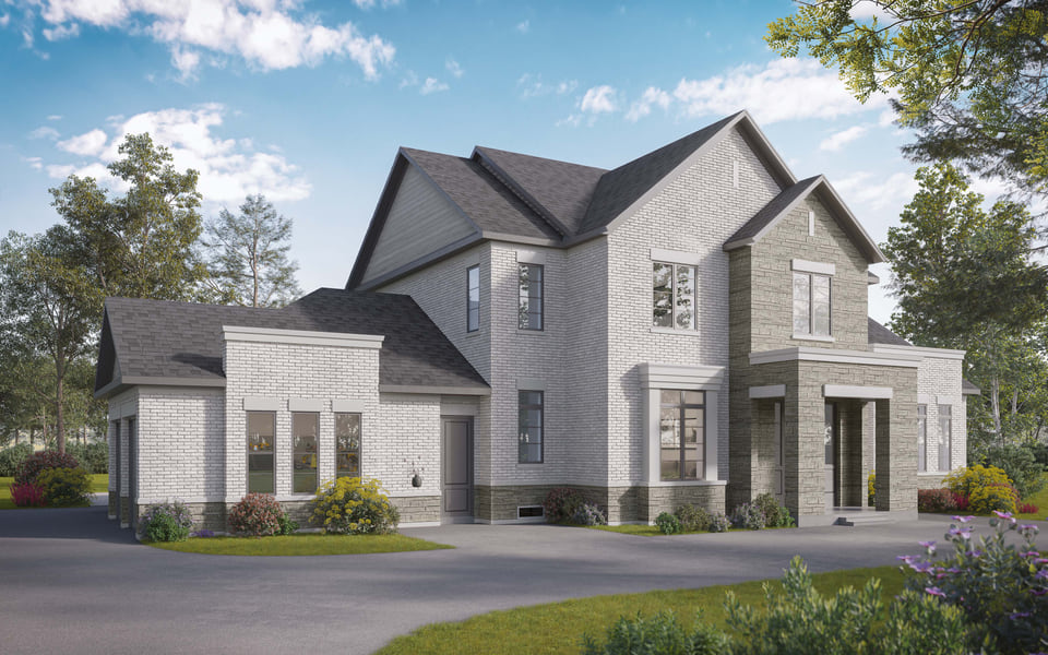 Single-family home front elevation rendering with mixed white-brick and stone facade, gabled roofs, and covered entry portico.