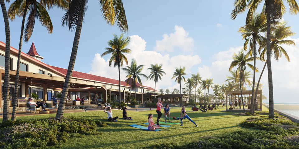 Kona Bay, Hawaii — oceanfront retail and resort lawn with palm-lined gathering spaces