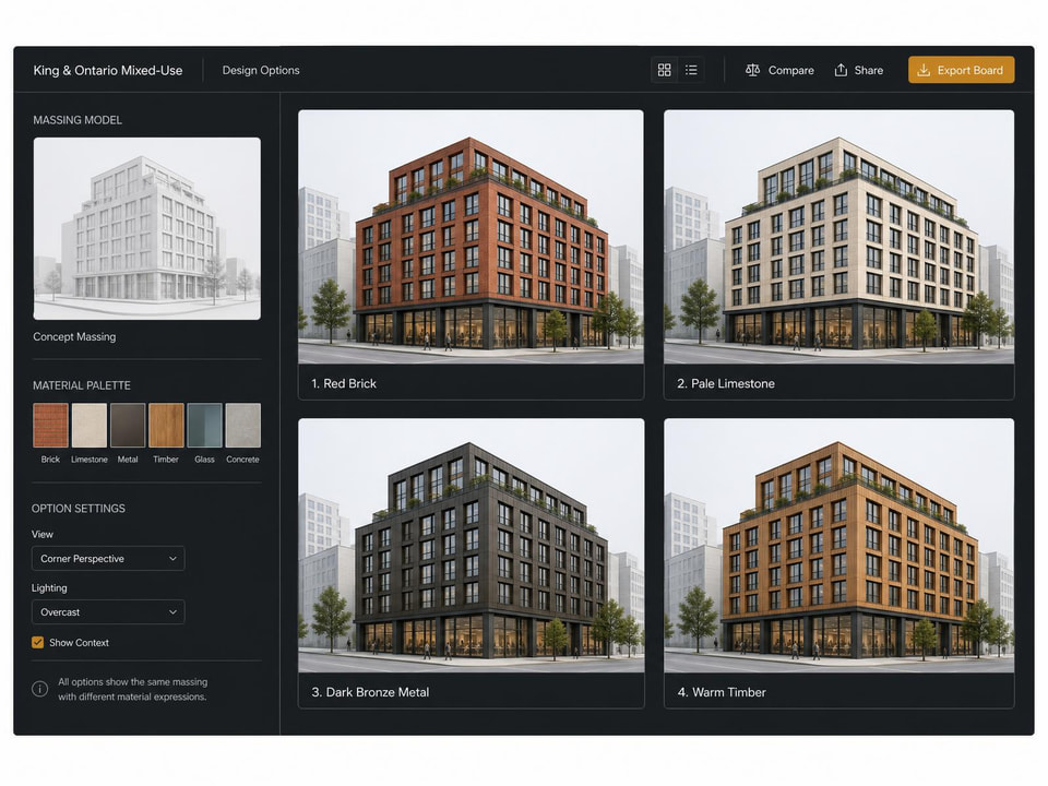 AI options board showing four material directions for the same mixed-use building.