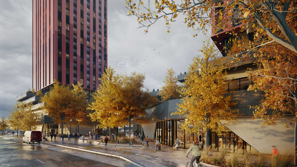 Masterplan streetscape rendering, daytime fall view with pedestrians and public realm.