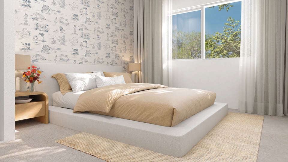 3D interior rendering of D.R. Horton master bedroom in Honolulu, Hawaii featuring soft lighting and tropical textures