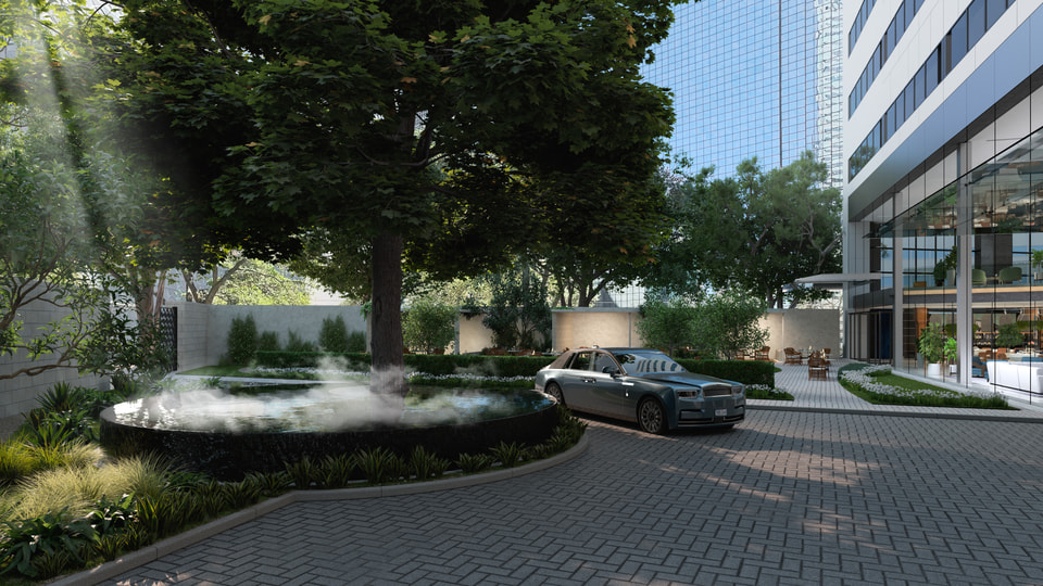 The Sinclair, Dallas TX. Resident motor court rendering with stone fountain, mature shade canopy, cobbled paving, and a car at the arrival drop off by Radical Galaxy Studio