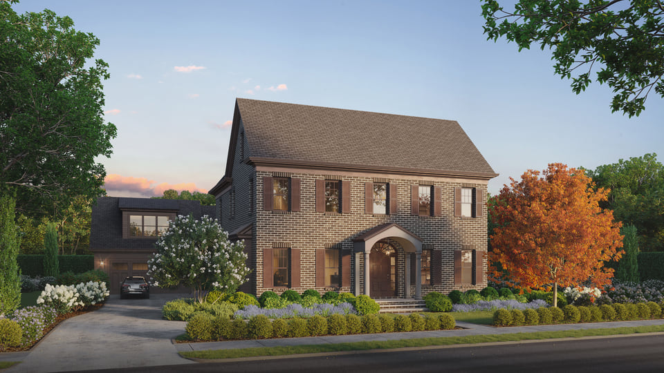 Photorealistic exterior visualization of a brick-clad single-family home with front-facing gables and greenery.