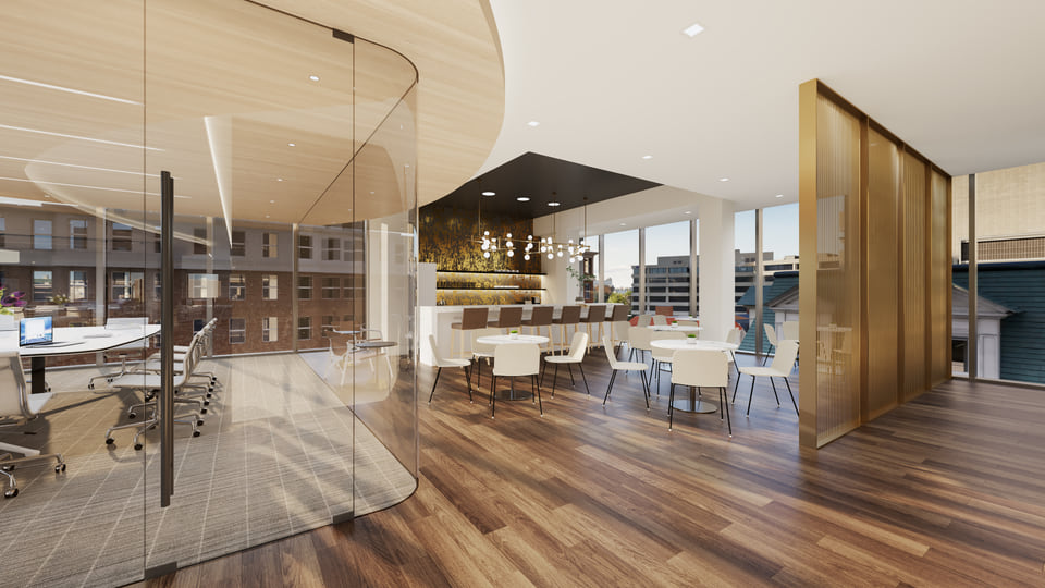 1771 N Street full-floor office interior rendering with high ceilings and city views, Washington DC