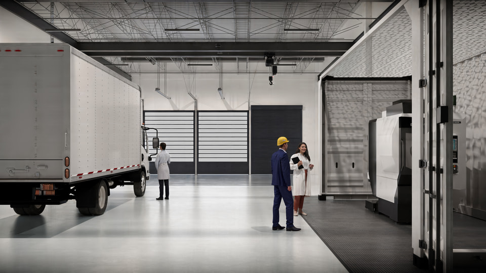 DMG Mori, Chicago IL — showroom-adjacent production hall rendering, a skylit high-bay space with demo equipment