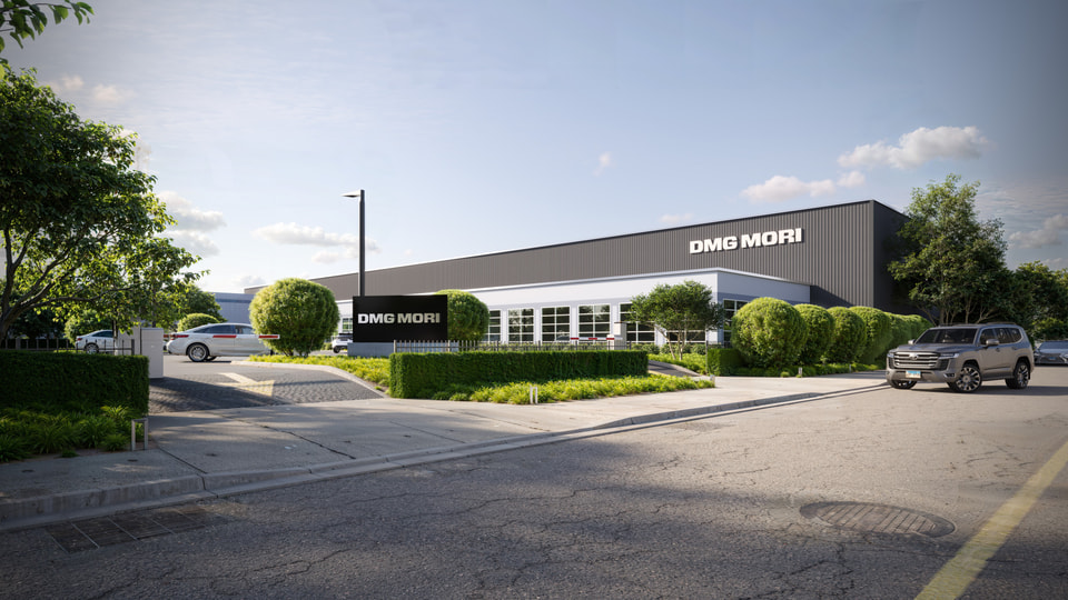 DMG Mori, Chicago IL — entry-from-road rendering with signage, landscape, and guardhouse
