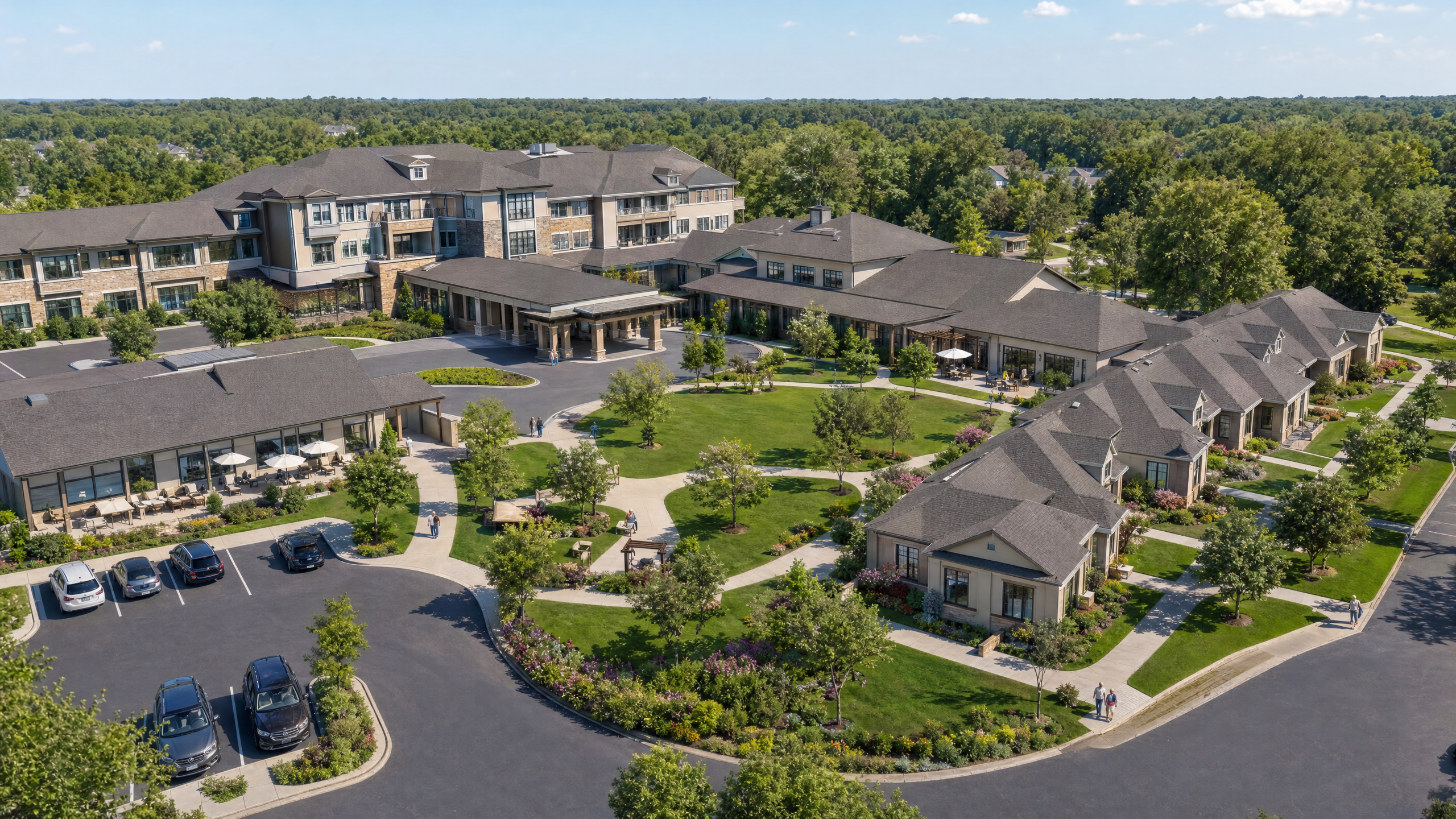 Aerial rendering of a senior living campus showing building massing, parking, and landscaped grounds in site context