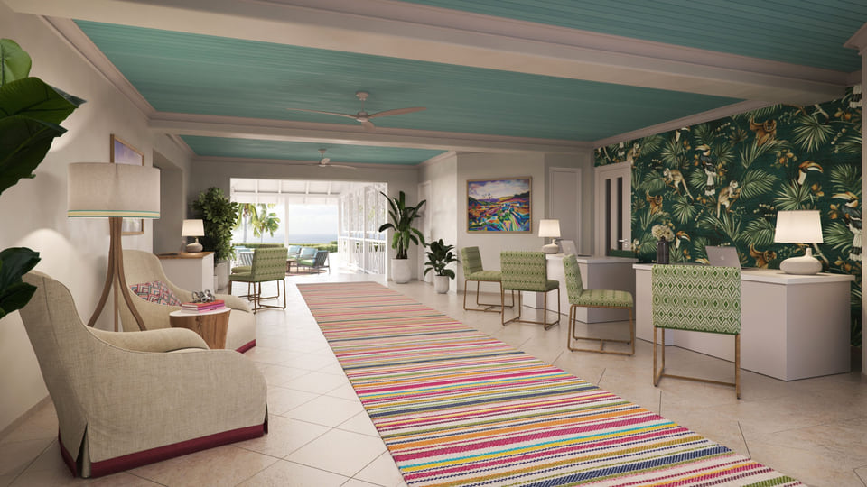 Turtle Beach by Elegant Hotels reception and arrival hall rendering with layered lighting and coastal materiality, Barbados
