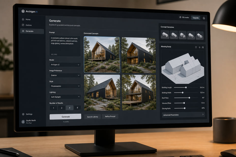 Architectural visualization workflow open on a studio workstation with design options and project controls.