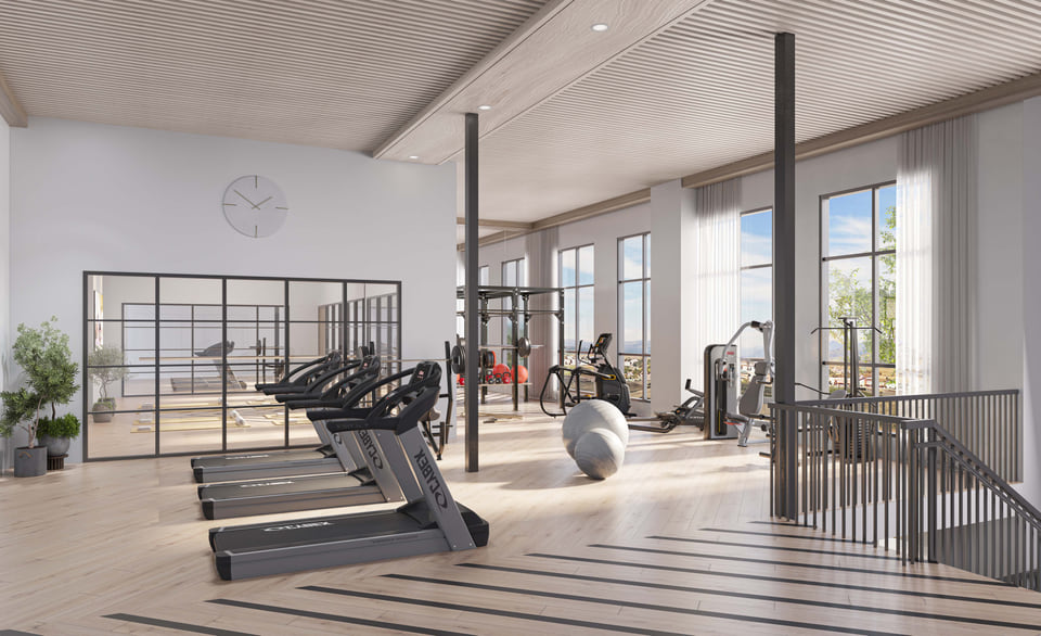 Interior rendering of a residential fitness center with a row of treadmills, a weight rack, a mirrored yoga studio, and floor-to-ceiling windows