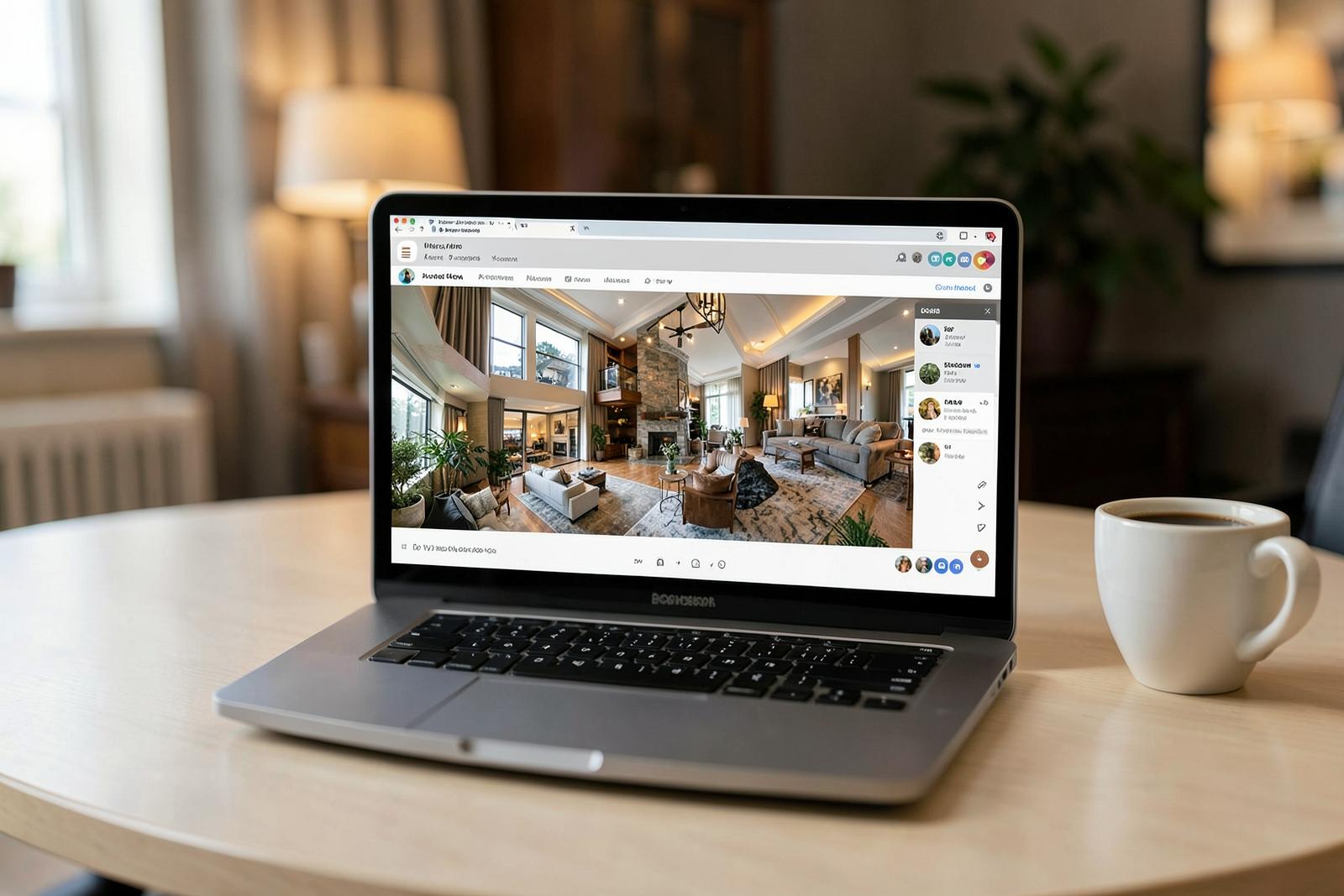 Laptop showing a browser-based 360 degree tour of a custom home interior