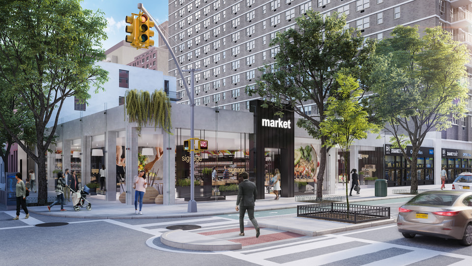 1534 2nd Avenue, New York NY — Newmark. Upper East Side retail rendering with market-tenant frontage, canopy signage, and neighborhood streetwall context by Radical Galaxy Studio