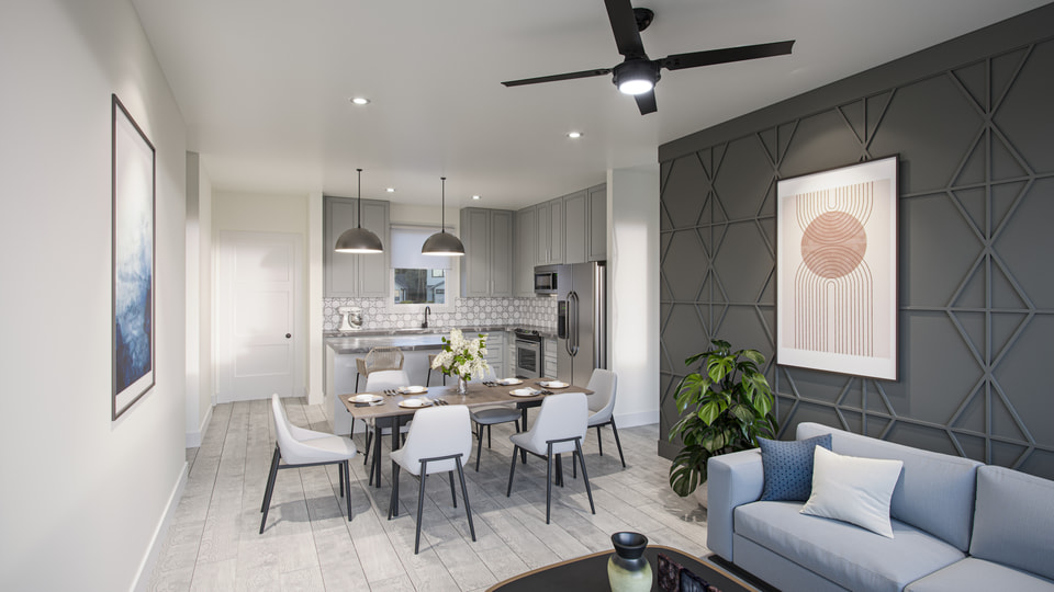 Leva Living cottage interior rendering showing the open living, dining, and kitchen of a build-for-rent home