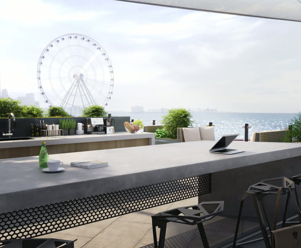 Seattle WA — rooftop bar and lounge hospitality rendering with skyline views
