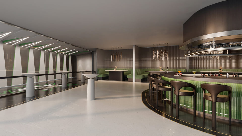 3D architectural rendering of a sports stadium hospitality suite with open bar seating, modern interior design, and field views.