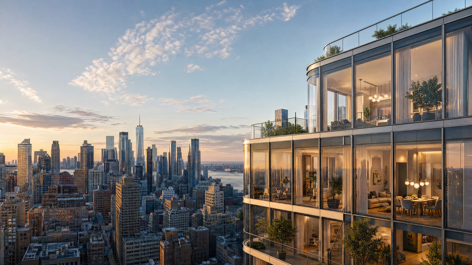 New York luxury residential glass tower at dusk with illuminated interiors, planted terraces, and Manhattan skyline including One World Trade
