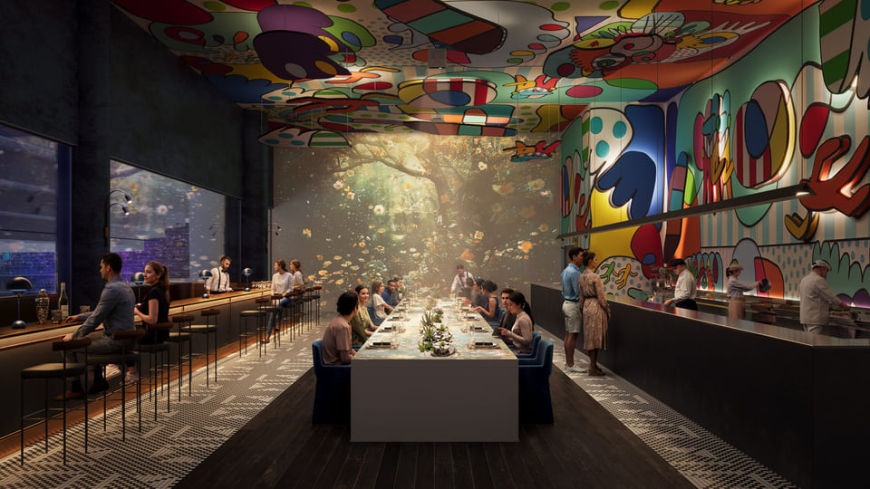 3D architectural visualization of a sports stadium restaurant with vibrant interior design, bar seating, and large communal dining tables.
